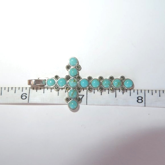 Large Sterling Silver Turquoise Marcasite Pendant - Picture 7 of 13